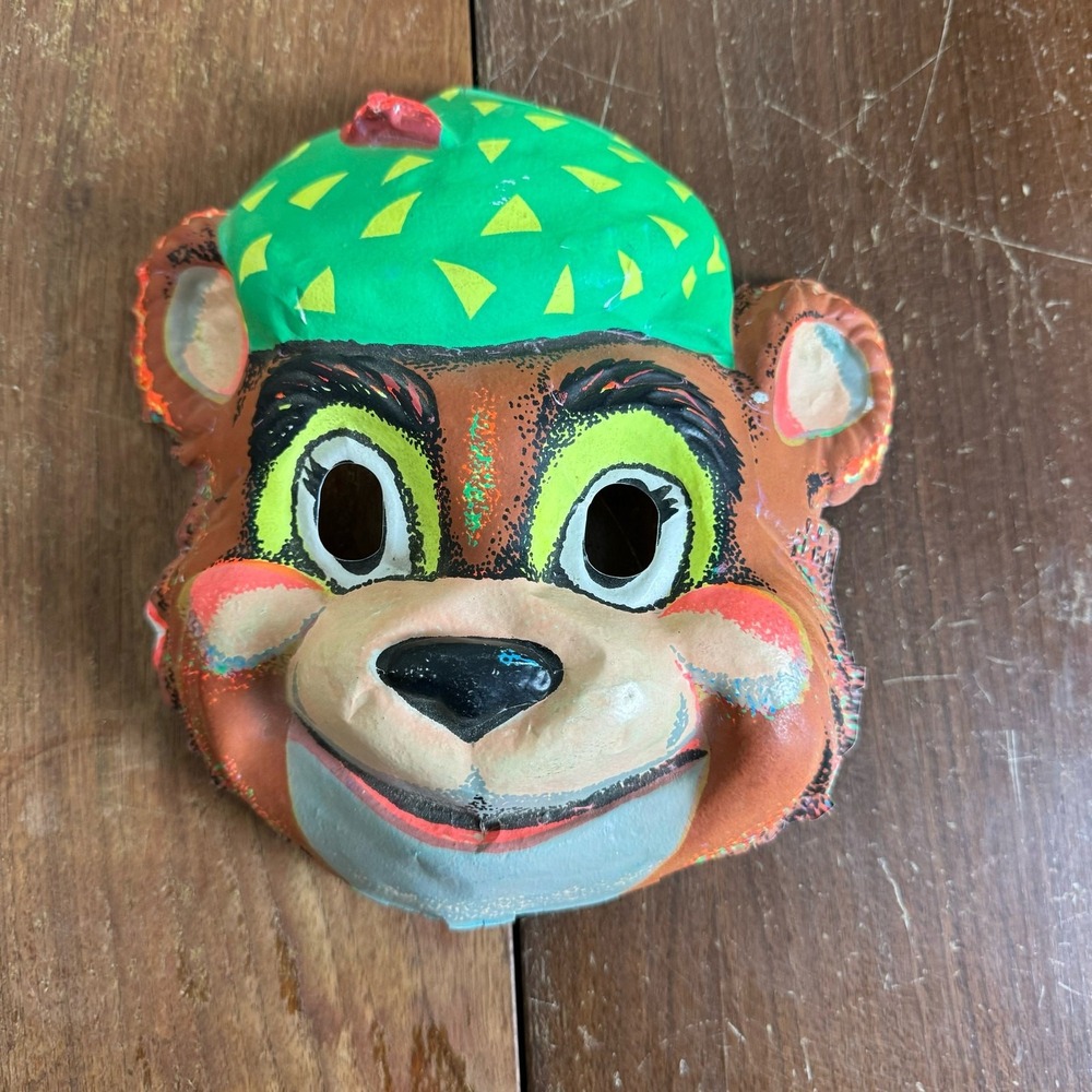 Vintage Ben Cooper 1970s Plastic Bear with Hat Neon black light‎ full face mask
